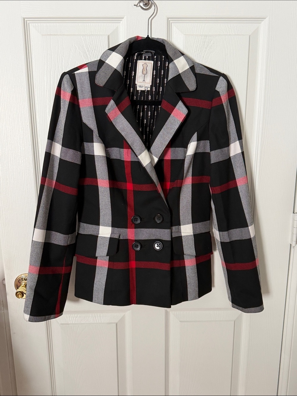 Kay Unger Plaid Double-Breasted Blazer Jacket in Black, Red & White size 6